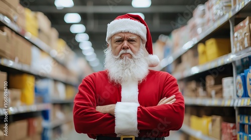 A snarky Santa, arms full of lastminute Christmas returns, standing in line at a store with a deeply annoyed expression