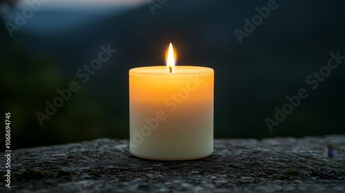 A lit candle on a stone surface, with a blurred natural background, creating a serene and calming atmosphere.