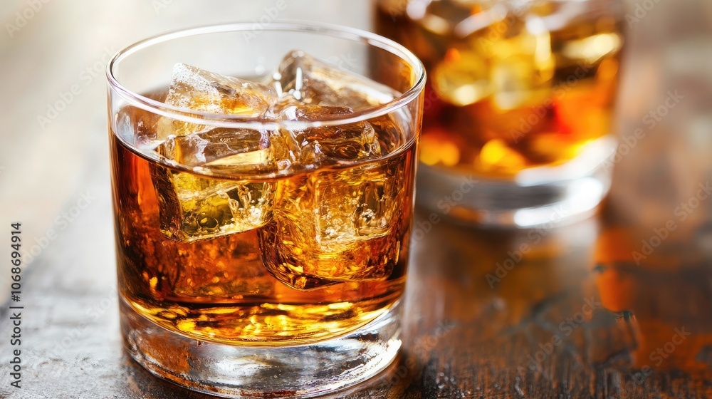 Refreshing Glass of Whiskey with Ice Cubes Refreshing Glass of Whiskey with Ice Cubes