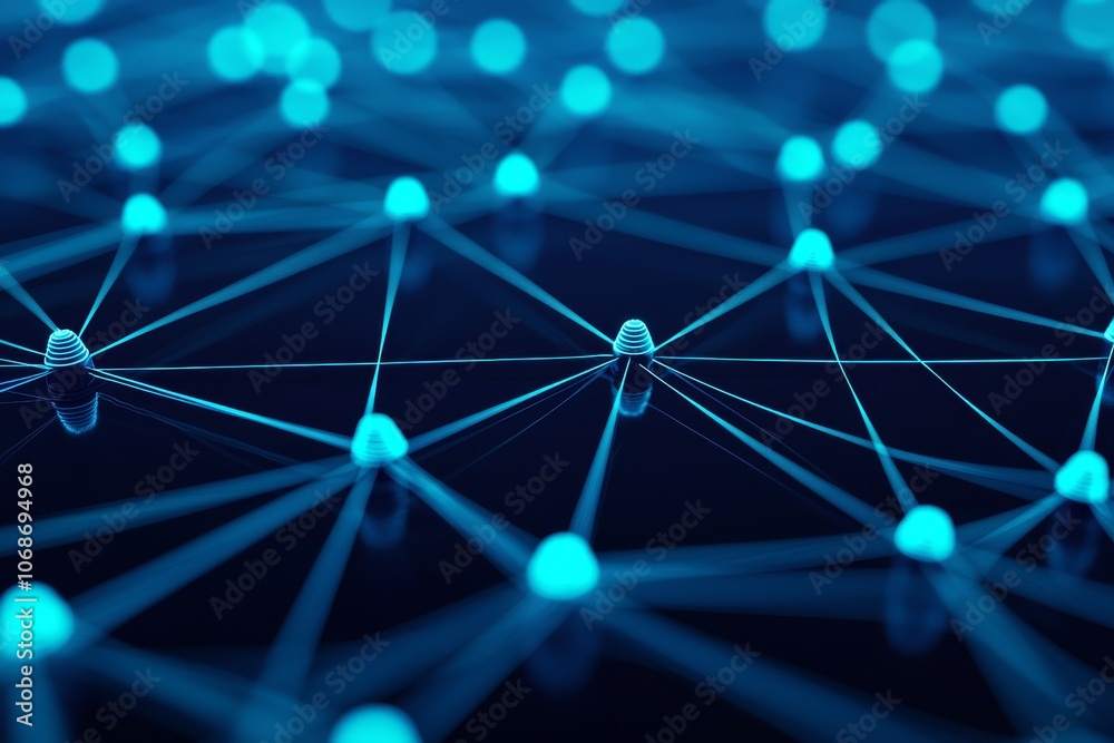 A network of glowing blue nodes interconnected by lines, representing data flow and digital connections in a modern technological landscape. A network of glowing blue nodes interconnected by lines, representing data flow and digital connections in a modern technological landscape.