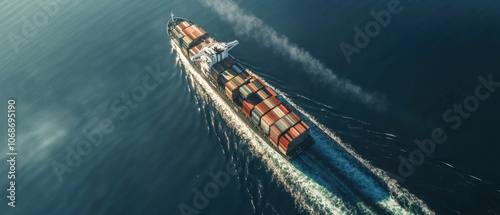 Aerial perspective of a large container ship with a clear contrail against blue waters, Cargo Ship, Aerial,Sea Transport