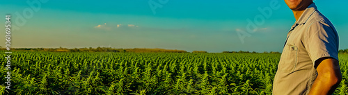 A cheerful hemp farmer standing on the right side of a large field of lush green hemp plants, smiling at the camera.