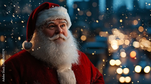 Santa delivering presents through a city at night, but looking exasperated as he s stuck in traffic with his sleigh photo