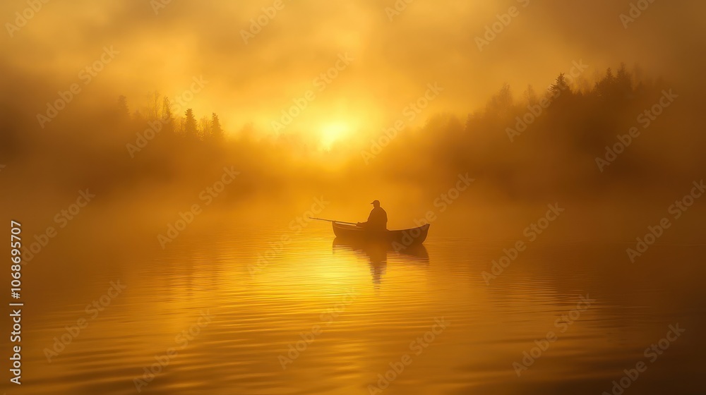 Serene Sunrise Over Calm Waters with Silhouette Serene Sunrise Over Calm Waters with Silhouette