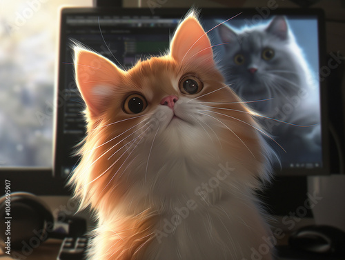 Curious cat watching AI generate itself