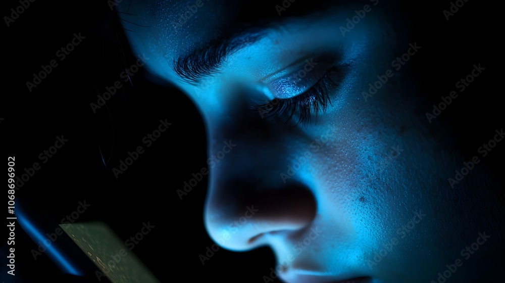 Face Illuminated by Phone Glow in Dark Room Showing Contemplation and Loneliness in Digital Age Face Illuminated by Phone Glow in Dark Room Showing Contemplation and Loneliness in Digital Age