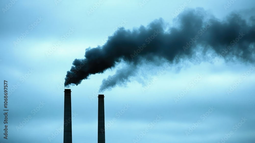 A close-up of tall chimneys with dark smoke rising into the air, set against an overcast sky with a sense of pollution A close-up of tall chimneys with dark smoke rising into the air, set against an overcast sky with a sense of pollution
