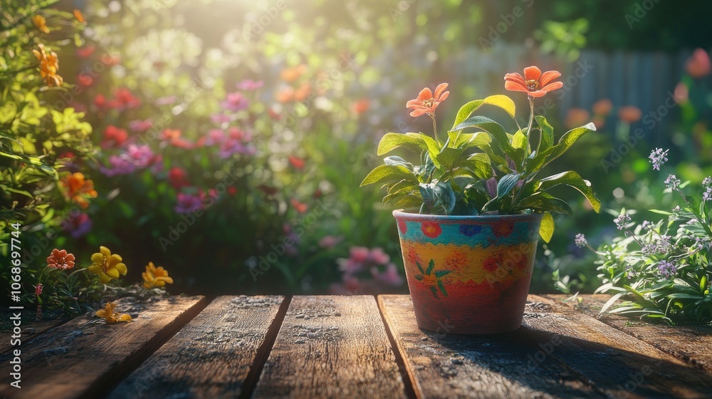 custom made wallpaper toronto digitalA colorful potted plant on a rustic wooden table in the middle of a vibrant garden, sunlit and surrounded by blooming flowers and stray wood planks, creating an upbeat atmosphere
