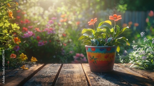 Wallpaper Mural A colorful potted plant on a rustic wooden table in the middle of a vibrant garden, sunlit and surrounded by blooming flowers and stray wood planks, creating an upbeat atmosphere Torontodigital.ca