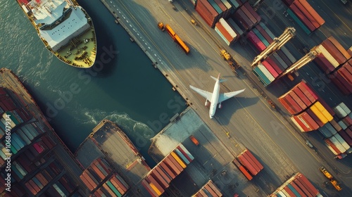 A dynamic aerial view of trucks unloading cargo at a port, a cargo ship docked, and a plane in the sky, symbolizing global trade