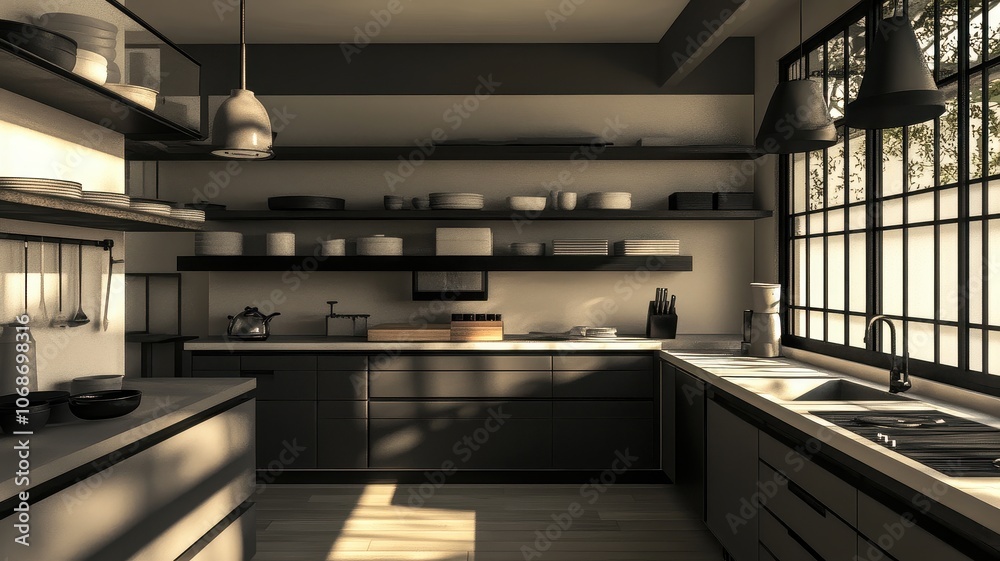 A modern kitchen featuring wooden shelves, a stylish layout, and ample natural light from large windows. A modern kitchen featuring wooden shelves, a stylish layout, and ample natural light from large windows.