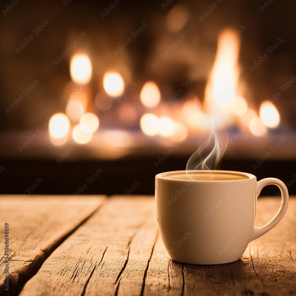 Obraz premium A steaming coffee cup sits on a rustic wooden table, with a warm fireplace glowing softly in the background, creating a cozy ambiance.