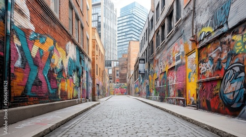 Urban alley with colorful graffiti-covered brick walls, cobblestone pavement, surrounded by tall modern buildings in the background under overcast sky.