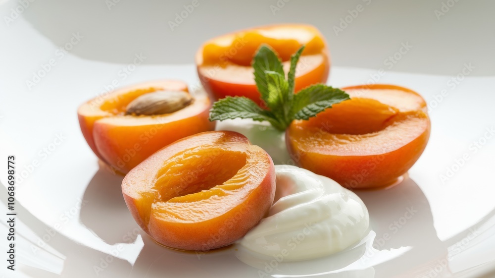 A delicious culinary dish with apricots cut into halves, artfully poured with delicate and velvety yogurt. A sprig of fresh mint gives the dish a touch of greenery and freshness. A delicious culinary dish with apricots cut into halves, artfully poured with delicate and velvety yogurt. A sprig of fresh mint gives the dish a touch of greenery and freshness.