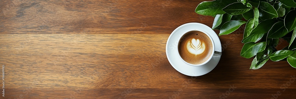 A steaming cup of coffee with intricate latte art sits on wooden table beside a lush green plant, inviting relaxation. A steaming cup of coffee with intricate latte art sits on wooden table beside a lush green plant, inviting relaxation.