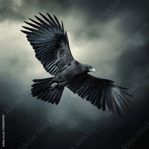 A raven spreads its wings wide, gliding through stormy skies, the epitome of freedom and mystery.