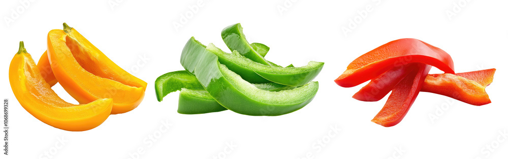Fresh raw slices of bell pepper in three colors. healthy food. transparent background Fresh raw slices of bell pepper in three colors. healthy food. transparent background