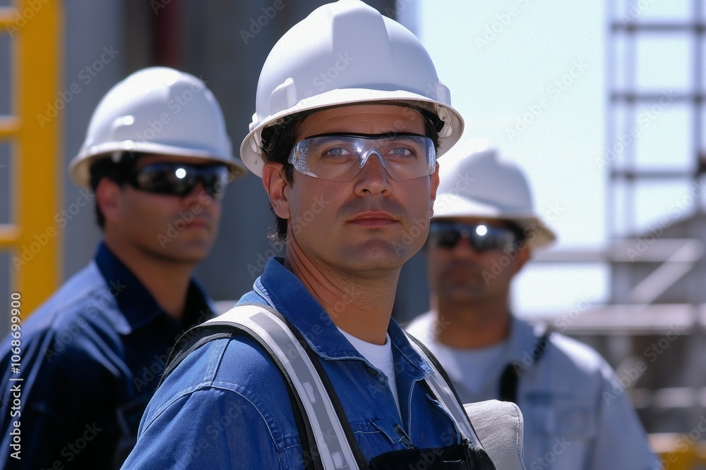 Engineers in blue apparel observe a project site, focused and attentive. Engineers in blue apparel observe a project site, focused and attentive.