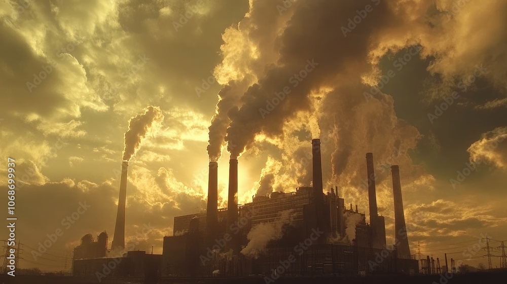 A wide shot of a power plant with huge chimneys emitting large amounts of smoke into a cloudy sky A wide shot of a power plant with huge chimneys emitting large amounts of smoke into a cloudy sky