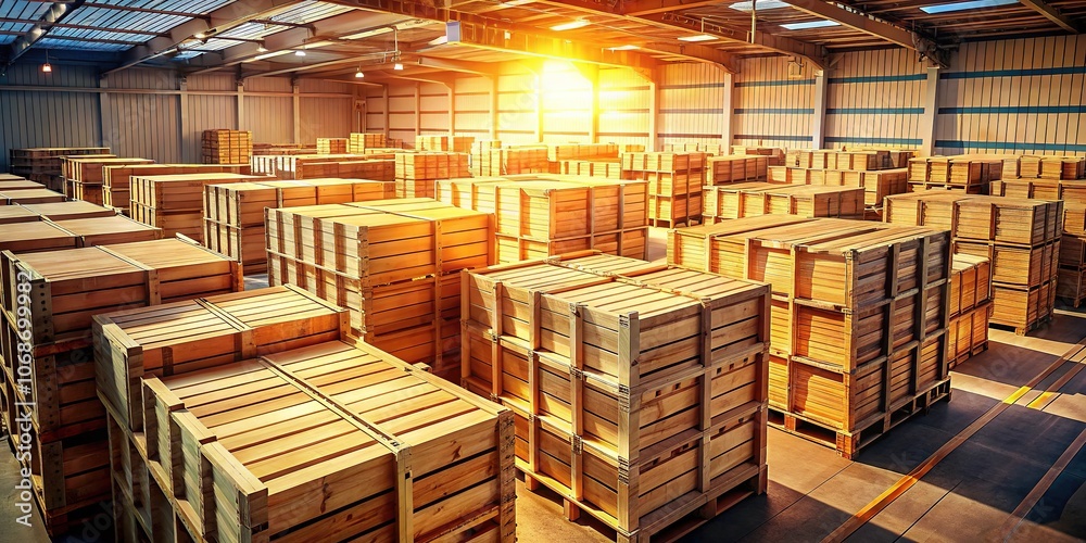 A slow aerial pan of a warehouse, showcasing wooden boxes in dappled sunlight.
