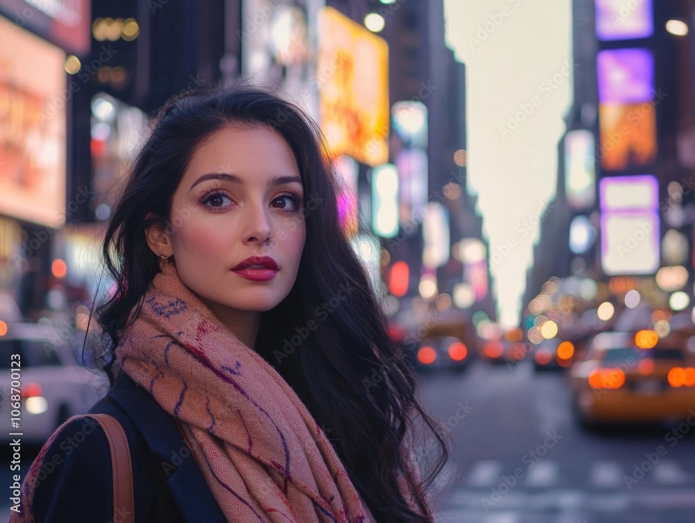 Elegant Woman Amid the Vibrant Lights and Hustle of the City at Night