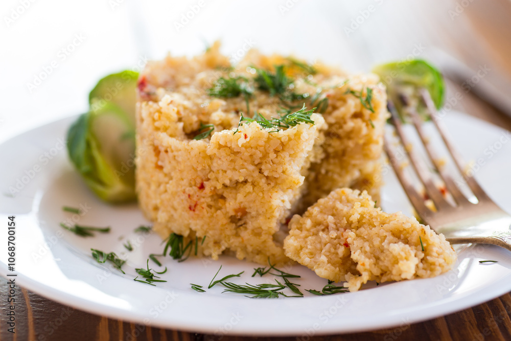 homemade cooked bulgur with Brussel sprouts in a plate, on a wooden table homemade cooked bulgur with Brussel sprouts in a plate, on a wooden table