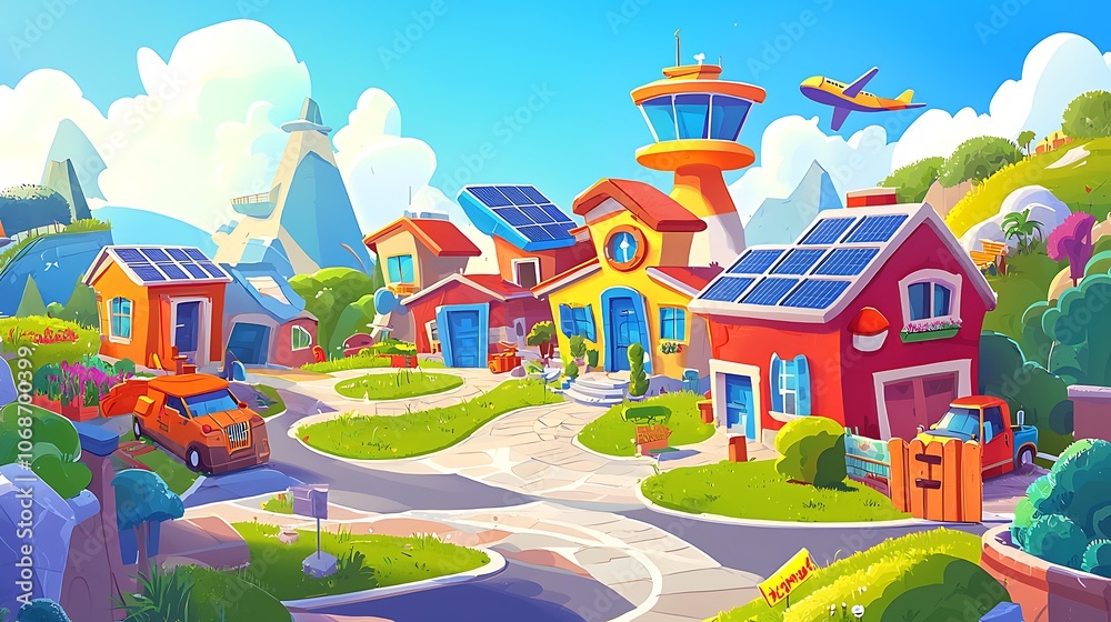 Colorful Cartoon Town with Solar Panels and a Control Tower. Colorful Cartoon Town with Solar Panels and a Control Tower.