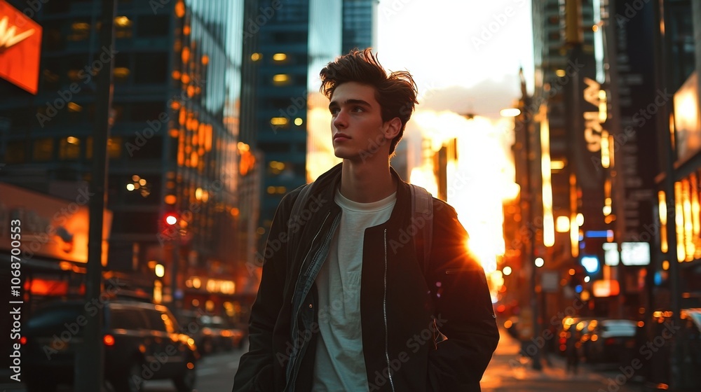 Fototapeta premium Stylish young man walking down illuminated city street at night