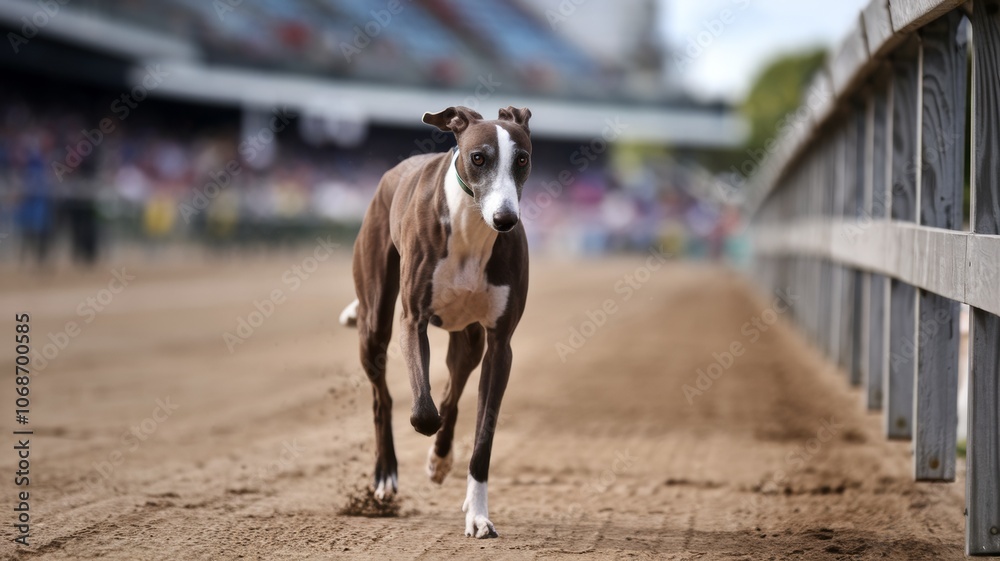 A greyhound dog with a white muzzle running along a dirt track. The dog's muscles are tense. The treadmill is surrounded by a wooden fence and a grandstand with spectators is visible. A greyhound dog with a white muzzle running along a dirt track. The dog's muscles are tense. The treadmill is surrounded by a wooden fence and a grandstand with spectators is visible.