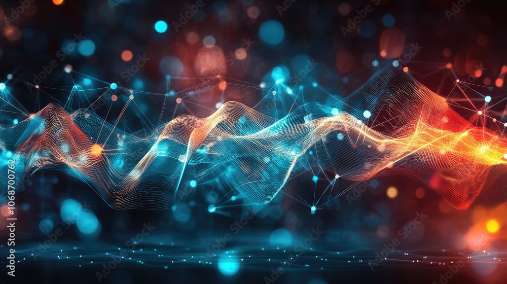Abstract molecular structure with connected atoms and energy waves, symbolizing advances in science, chemistry, and medical research Abstract molecular structure with connected atoms and energy waves, symbolizing advances in science, chemistry, and medical research