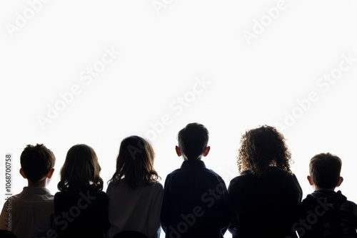 Silhouette of a group of people viewed from behind against a white background