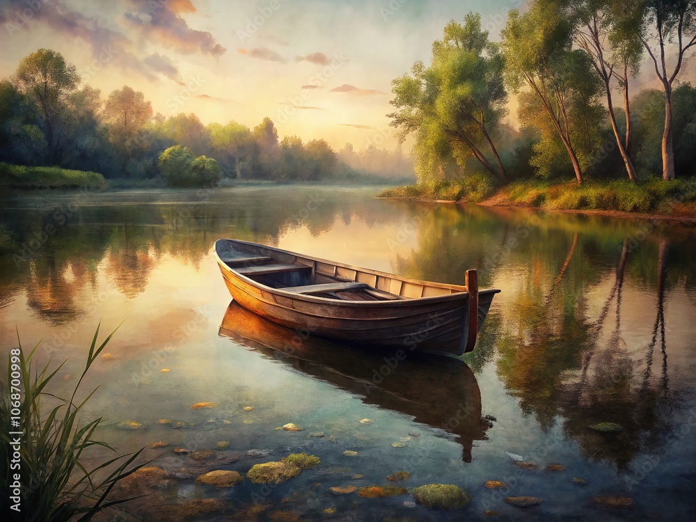 A timeless wooden boat floats peacefully on a calm river, its warm reflections creating a serene nature scene that captivates the soul through photography.
