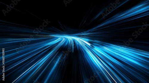 Acceleration speed motion on night Dynamic blue light trails black background depict abstract long