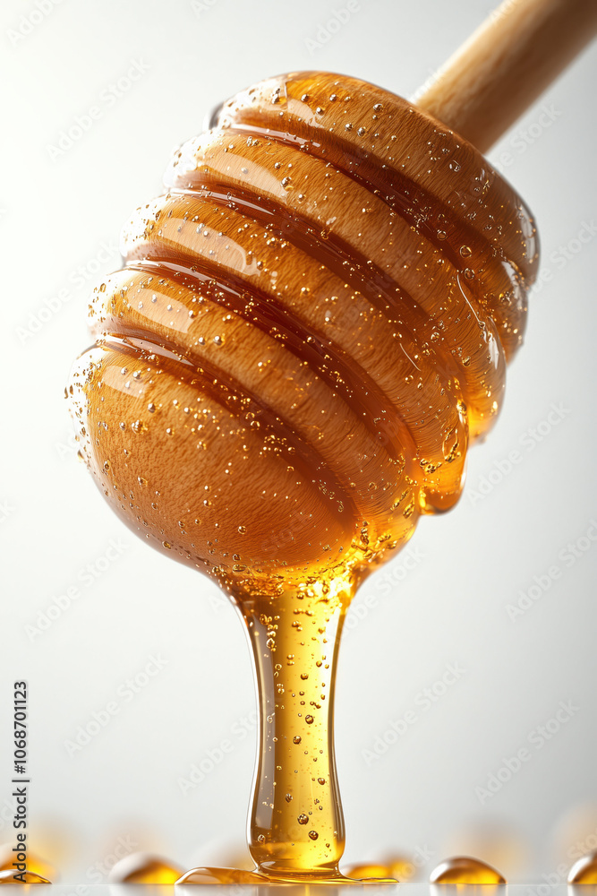 Honey dipper dripping golden honey, wooden background. Honey dipper dripping golden honey, wooden background.