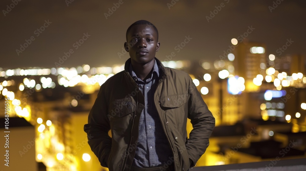 Confident Young African Man Exploring Vibrant Nighttime City Skyline Confident Young African Man Exploring Vibrant Nighttime City Skyline