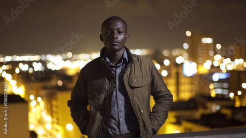 Confident Young African Man Exploring Vibrant Nighttime City Skyline