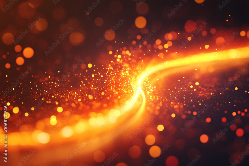 Obraz premium A vibrant trail of golden light particles with a bokeh effect, creating an energetic and magical visual on a dark background