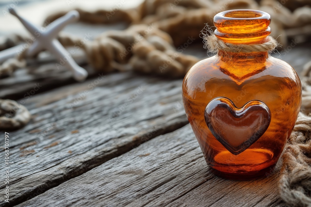 A small amber glass bottle with a heart shape on its front, placed on a weathered wooden dock with nautical ropes and an anchor in the background, evoking a rustic and romantic feel A small amber glass bottle with a heart shape on its front, placed on a weathered wooden dock with nautical ropes and an anchor in the background, evoking a rustic and romantic feel