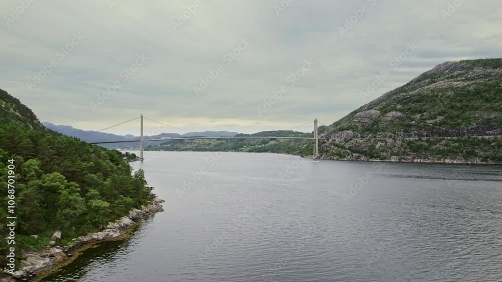 Scenic Drone Shot Of Lysefjord Bridge And Coastal Mountains In Norway Scenic Drone Shot Of Lysefjord Bridge And Coastal Mountains In Norway
