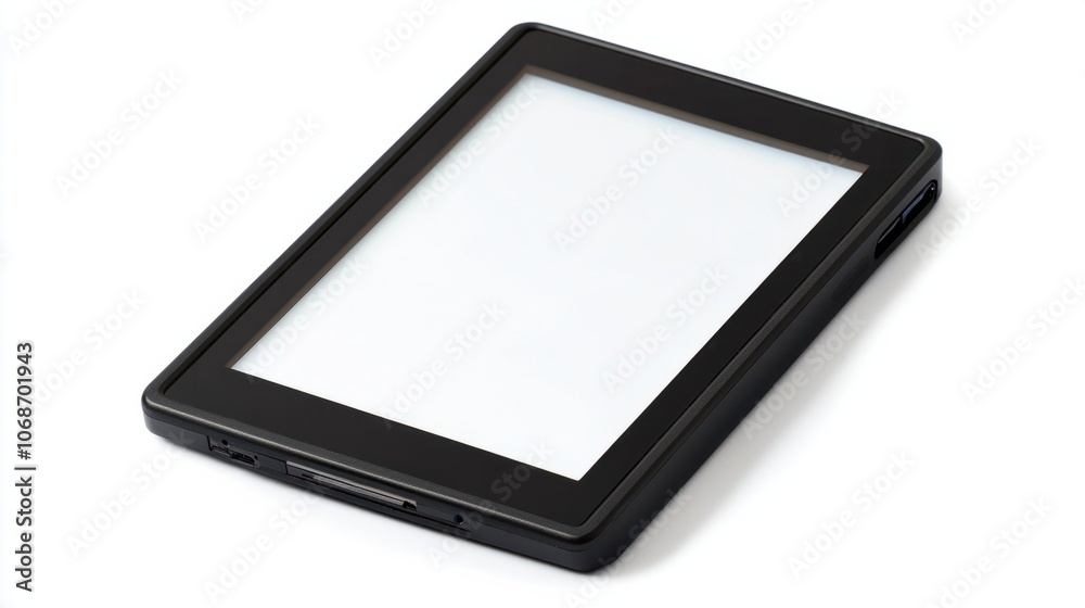 Compact e-reader with a blank screen, isolated on white, ideal for digital reading and portability Compact e-reader with a blank screen, isolated on white, ideal for digital reading and portability
