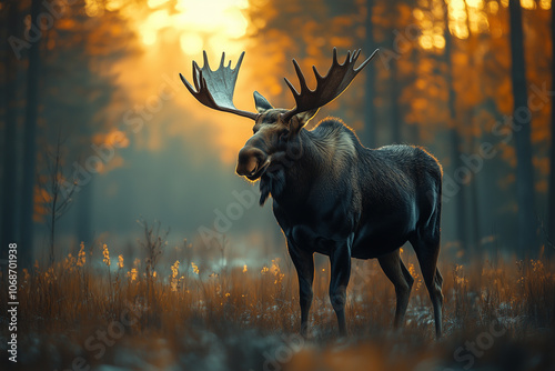 Large moose standing in a field photo