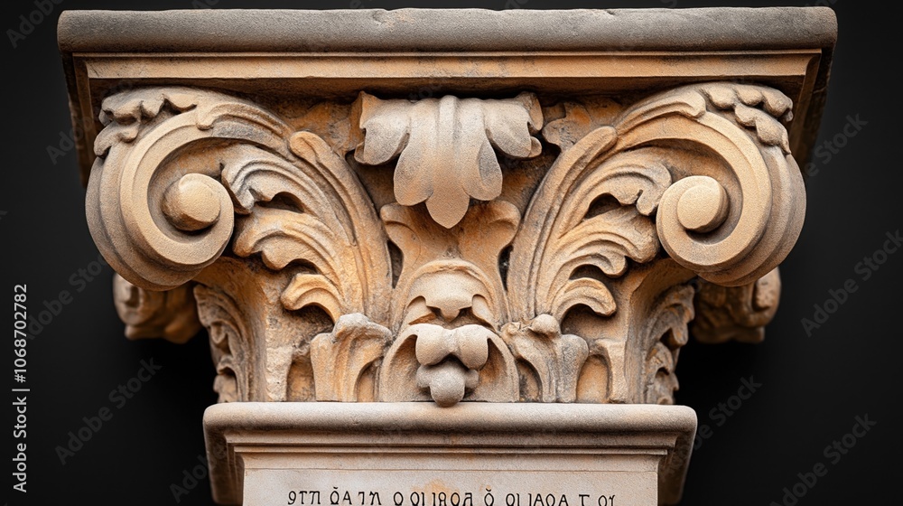 Naklejka premium Close-up of an ornate Corinthian column capital with intricate carved acanthus leaves and spiral volutes in stone material
