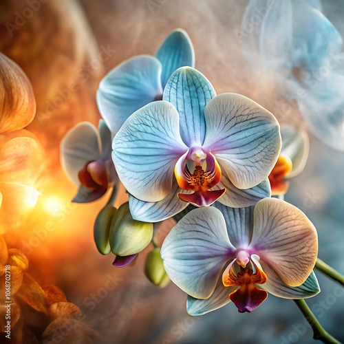 Close-up of beautiful blue orchids with a soft orange and blue gradient background in subtle focus	