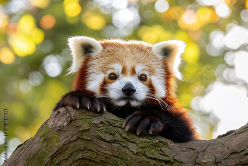 Red panda, bear is sitting on a tree branch