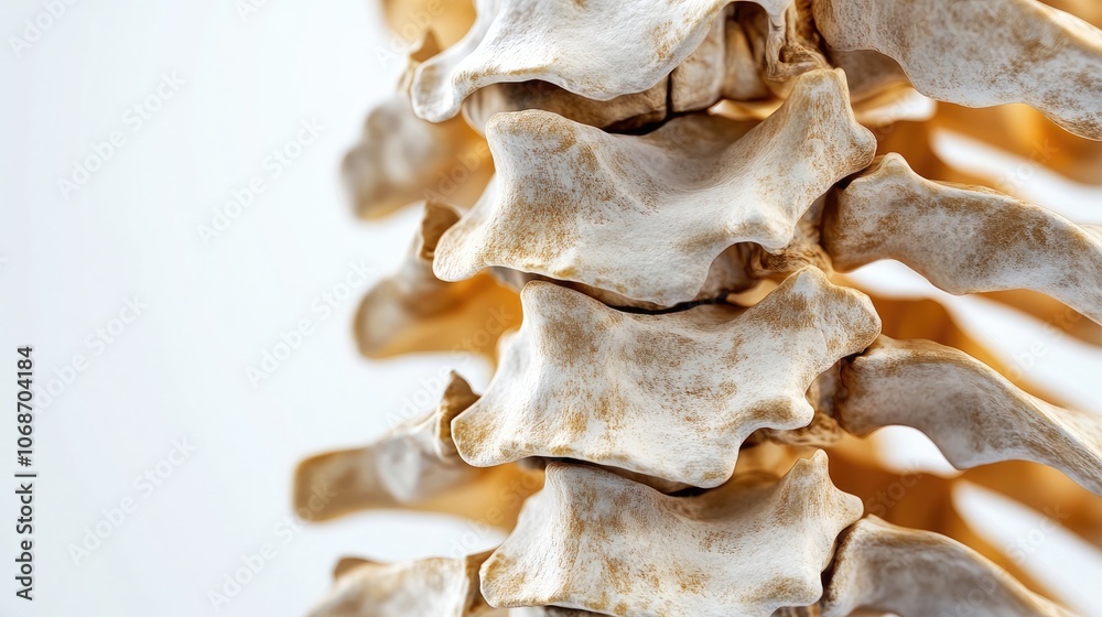Close-up human spine with vertebrae details, isolated on white, educational resource, precise bone textures 