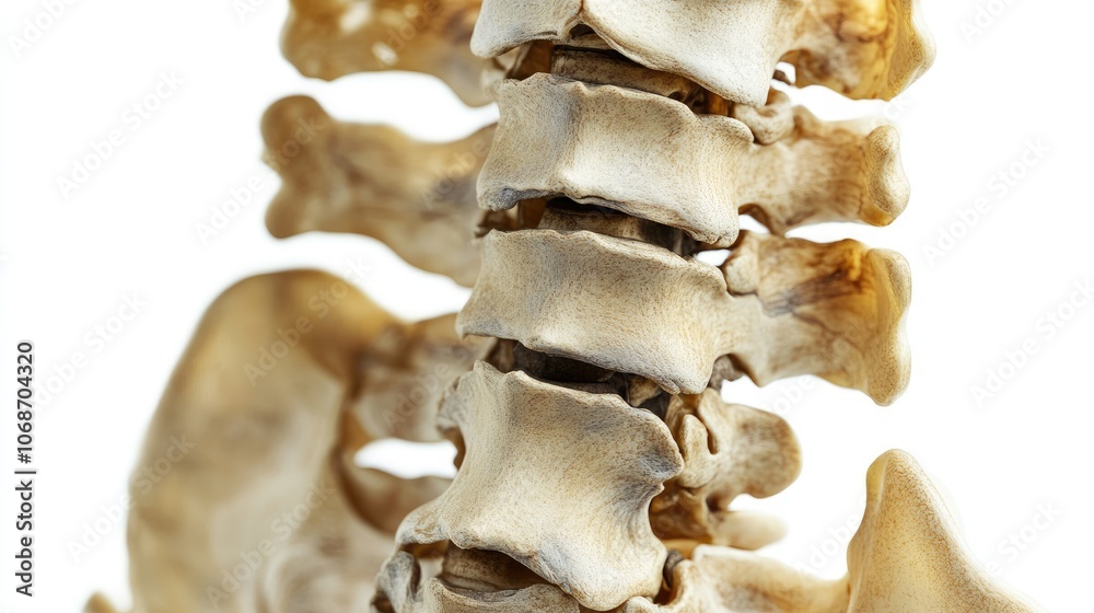 Close-up human spine with vertebrae details, isolated on white, educational resource, precise bone textures Close-up human spine with vertebrae details, isolated on white, educational resource, precise bone textures
