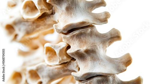 Close-up human spine with vertebrae details, isolated on white, educational resource, precise bone textures 