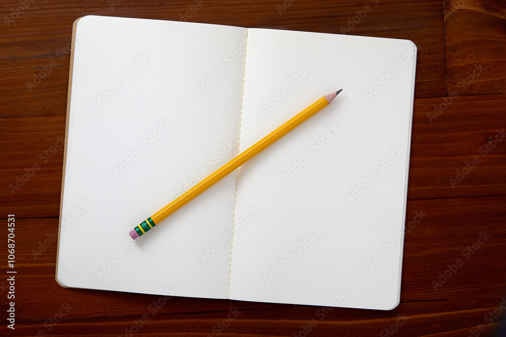 USA, New York State, New York City, Pencil on open note pad on brown background USA, New York State, New York City, Pencil on open note pad on brown background