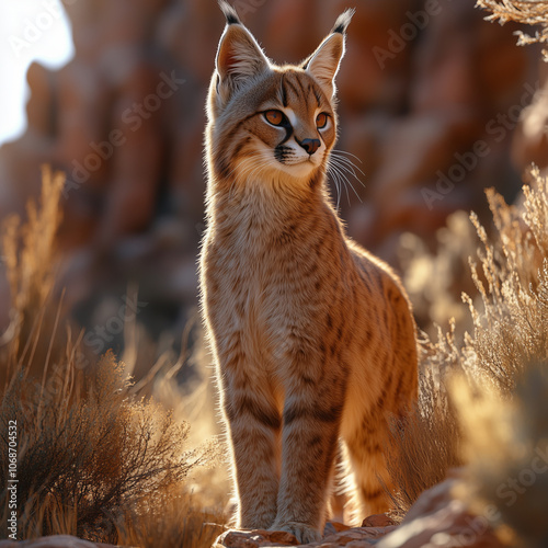 Cat, caracal is standing in a field of tall grass. The cat is brown and has a black nose.