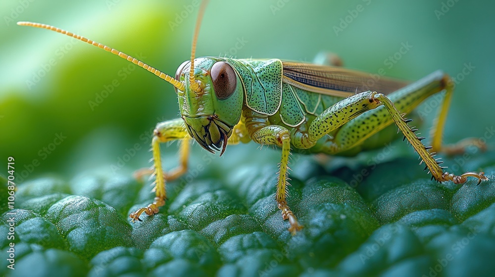 Green grasshopper perched on a leaf with its long antennae and large eyes. Green grasshopper perched on a leaf with its long antennae and large eyes.